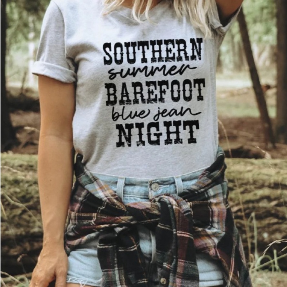 “Southern Summer Barefoot Blue Jean Night”  T-Shirt Women’s Small